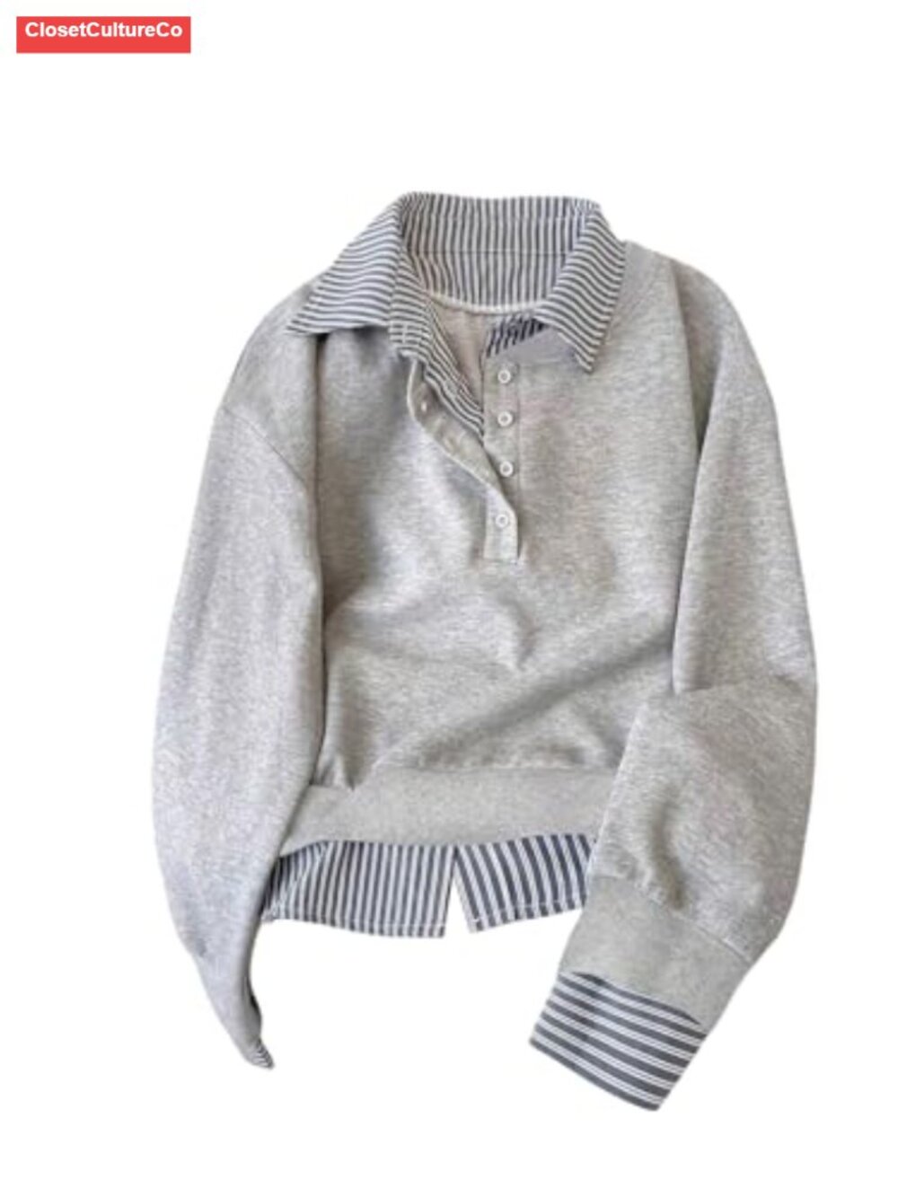 Collared Striped Oversized Pullover Sweatshirt Half Button Long Sleeve